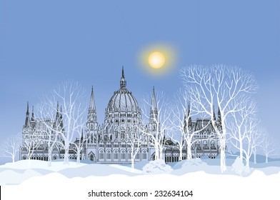 Winter landscape. Park alley in snow with palace and trees on background. Snowy holiday wallpaper. Christmas background.