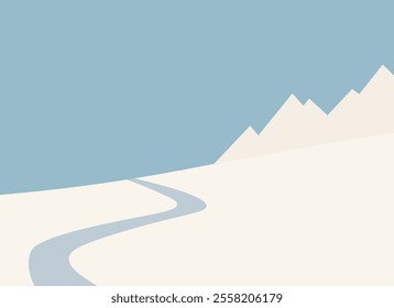 winter landscape with a path through the snow, mountains in the background. minimalist vector graphic