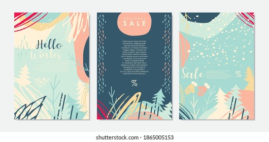 Winter landscape pattern for sale promotion campaign. Seasonal greeting card or invitation design. Vector cover idea.