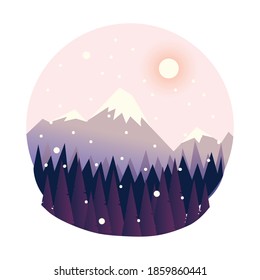 winter landscape peak mountain pine forest trees and snowfall vector illustration