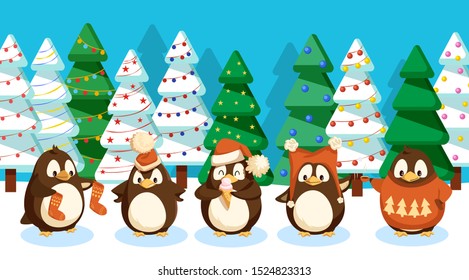 Winter landscape with penguins. Birds set wearing warm knitted clothes on woods with spruce and pine. Trees decorated with baubles and garlands. Christmas holidays celebrated in wildlife greeting card