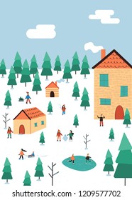 Winter landscape with people and  decoration: tree, skating, slade, snowman, gift, flag. Mountain city, cozy village in modern flat design.