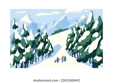 Winter landscape, people and dog walking in snowy forest on holiday. Friends strolling in frost, cold weather among trees covered with snow. Wintertime nature scenery. Flat vector illustration