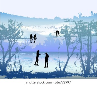 Winter landscape with people skating on frozen lake. Blue, white and green landscape with silhouettes of trees and people