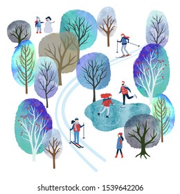 Winter landscape with people vector watercolor illustration. Outdoor games and activities. Christmas card design.