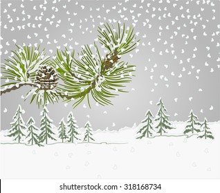 Winter Landscape Pine Branch With Snow And Pine Cone Christmas Theme Vector Illustration