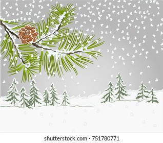 Winter landscape pine branch with snow and pine cone christmas theme natural background vintage vector illustration editable hand draw