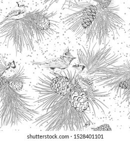 winter landscape, pine branches, cones, birds sitting on the branches of spruce. Hand-drawn. Seamless pattern