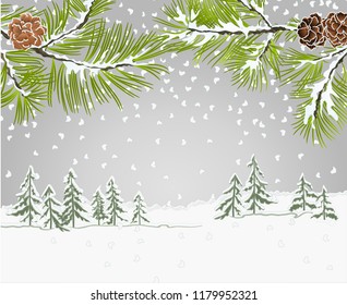 Winter landscape pine branches with snow and pine cones christmas theme and New Year natural background vintage vector illustration place for text editable hand draw