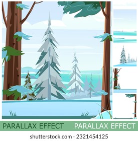 Winter landscape in pine forest. View of snowy fields. set of slides create parallax image layer. Cartoon style. Isolated on white background. Vector.