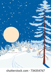 Winter landscape with a pine on a hill near a little village