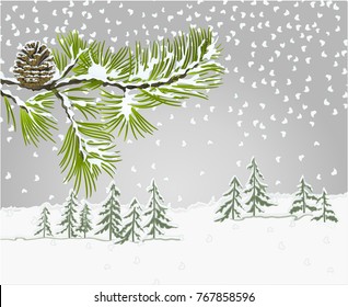 Winter landscape pine tree and pine cone branch winter snowy  natural background vintage vector illustration editable hand drawn
