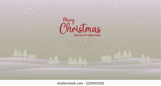 Winter landscape pine tree shadow house snowy Christmas banner happy new year vector background. 