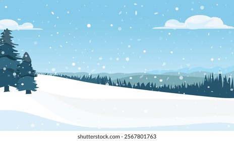 winter landscape, pine tree, snowfall field, ice cold background, holiday greeting card, fresh air , greeting card, wide banner, promotion ads , interior wall decoration