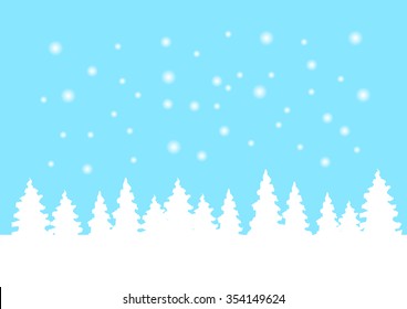 Winter landscape with pine tree and snowfall on blue sky background, vector illustration