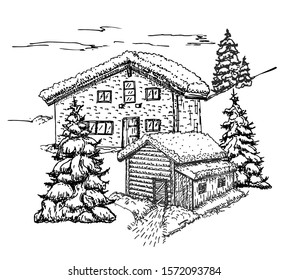 Winter landscape, pine trees and house in the snow. Wooden houses in winter landscape vector illustration.