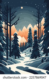 Winter landscape with pine trees and mountains at night. Vector flat color cartoon illustration.