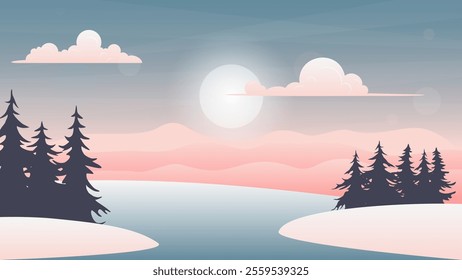 winter landscape with pine trees, pink mountains and cloudy sky