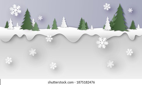 Winter landscape with pine trees and text space. Christmas and new year background. paper cut and craft style. vector, illustration.