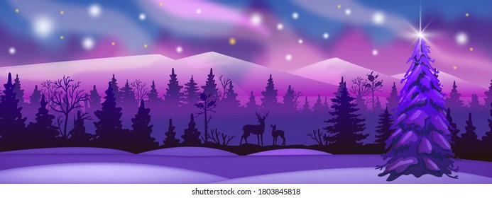 Winterlandschaft mit rosafarbenem und violettem Wald, Hirschsilhouette, Nachthimmel. Alaska nördlichen Vektorhintergrund mit Nacht, Schnee, Bergen, Aurora borealis, Lichtern. Weihnachten, Winterlandschaft im Neujahr