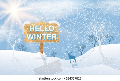Winter landscape of plains with trees and deer on the background of the sun, with text hello winter, Vector illustration