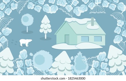 Winter landscape. Polar bear walking near the house