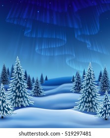 Winter landscape with polar lights, background for christmas and new year greeting, illustration with pine trees in snow, EPS 10 contains transparency.