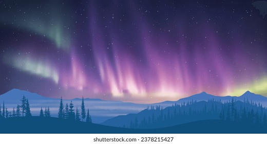 Winter landscape with polar lights, night starry sky, mountain landscape, vector illustration