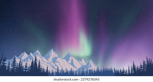 Winter landscape with polar lights, night starry sky, mountain landscape, vector illustration