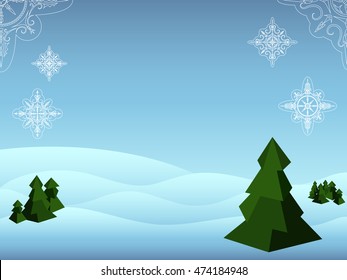 Winter landscape with polygonal fir tree and snowflakes. Seasonal postcard template. Vector illustration for seasonal greeting card. New year or Christmas banner template with place for text. 