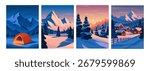 Winter landscape postcards set. Cards with snow sceneries with trees and mountains. Views of snowy nature with village, rocks, pines, firs at sunset or sunrise light. Flat vector illustrations