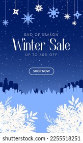 Winter landscape poster with decorative snowflakes and sale text. 