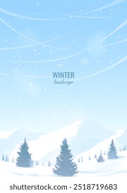 Cartel de paisaje de invierno. Montañas y valle cubiertos de nieve. Abeto en los ventisqueros. El concepto de turismo, Ocio activo, senderismo. Imagen de Vector.