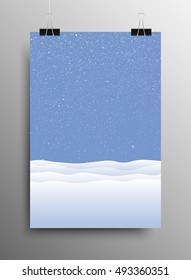 Winter landscape poster template hanging on clip binders. Falling white snow with blue winter sky. Merry Christmas and New Year background, banner, poster, card. Vector winter snowflakes illustration.