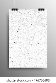 Winter landscape poster template hanging on clip binders. Falling white snow with blue winter sky. Merry Christmas and New Year background, banner, poster, card. Vector winter snowflakes illustration.