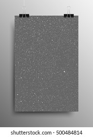 Winter landscape poster template hanging on clip binders. Falling white snow with blue winter sky. Merry Christmas and New Year background, banner, poster, card. Vector winter snowflakes illustration.