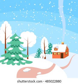 Winter landscape with powdered house and trees with spruces on snow-covered ground. Vector illustration in flat style for congratulation card.