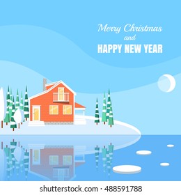 Winter landscape with powdered house and trees on snow-covered ground on lake. Vector illustration in flat style for congratulation card.
