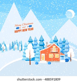 Winter landscape with powdered house and trees in forest on snow-covered ground against mountains. Vector illustration in flat style for congratulation card.