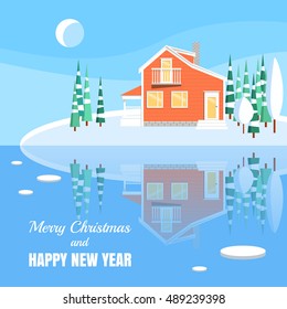 Winter landscape with powdered house and trees with spruces on snow-covered ground on lake. Vector illustration in flat style for congratulation card.