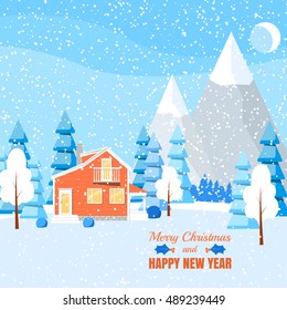 Winter landscape with powdered house and trees in forest on snow-covered ground. Vector illustration in flat style for congratulation card.