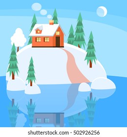 Winter landscape with powdered house, trees and spruces on snow-covered ground on lake. Vector illustration in flat style for winter congratulation card.