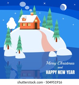 Winter landscape with powdered house and trees with spruces on snow-covered ground on lake. Vector illustration in flat style for winter congratulation card.
