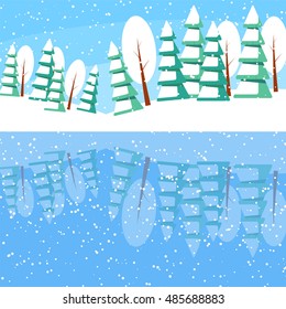 Winter landscape with powdered trees and spruces on lake and reflexion of nature in water. Vector illustration in flat style for congratulation card.