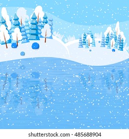 Winter landscape with powdered trees and spruces on lake and reflexion of nature in water. Vector illustration in flat style for congratulation card.