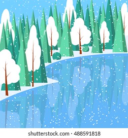 Winter landscape with powdered trees and spruces in forest on snow-covered ground on lake. Vector illustration in flat style for congratulation card.