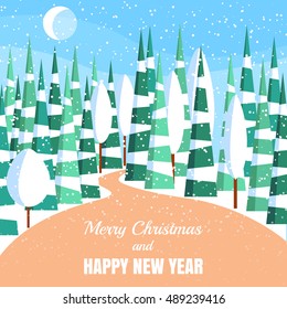 Winter landscape with powdered trees and spruces in forest on snow-covered ground. Vector illustration in flat style for congratulation card.