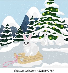 Winter landscape with a rabbit. Bunny on a sled. Background for postcards, flyers, invitations, paper