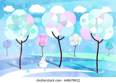 Winter landscape with a rabbit and snow-covered trees. Landscape in a flat style.