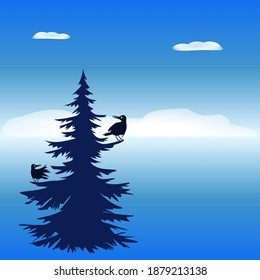 Winter landscape. Ravens sit on spruce branches, snow, drifts - abstract background - art, vector.